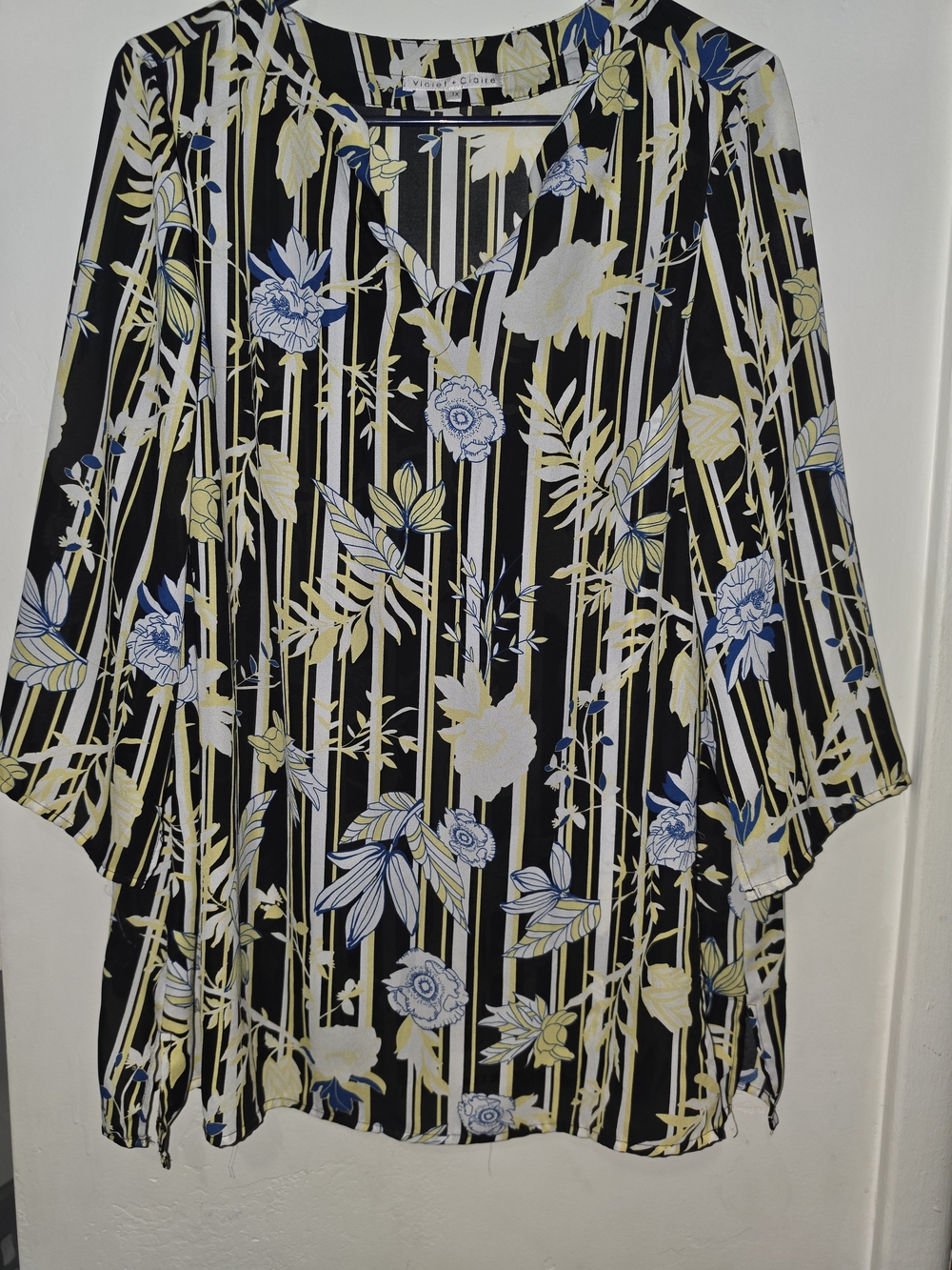 Violet & Claire Black Floral Stripe V-Neck Tunic with Yellow & Blue Accents